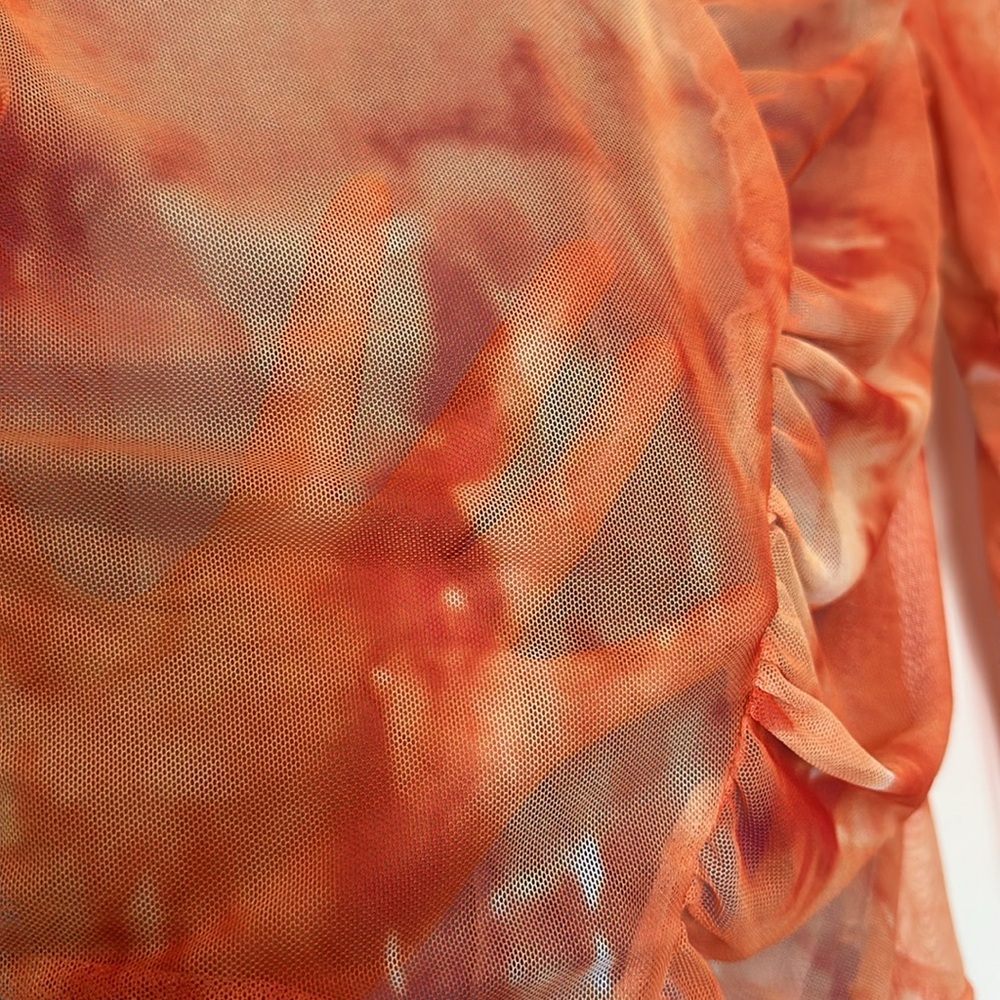 Dayra Y2K Sheer Asymmetrical Ruching Mesh Orange & Blue Long Sleeve Top Size M - Picture 4 of 4
